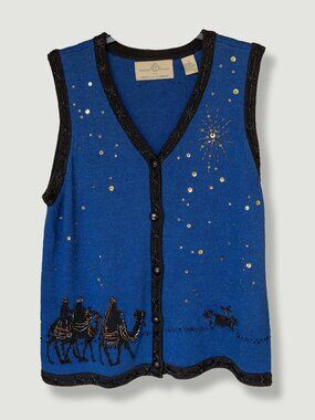 Design Options Christmas Vest Christian Nativity  Beaded Embellished Royal Blue